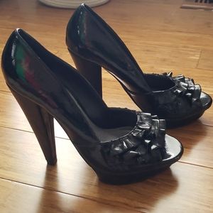 Black Patent Ruffle Peep Toe